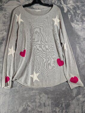 Cashmere Blend Sweater Gray Stars Pink Hearts Intarsia Knit Womens XL Brit.ny